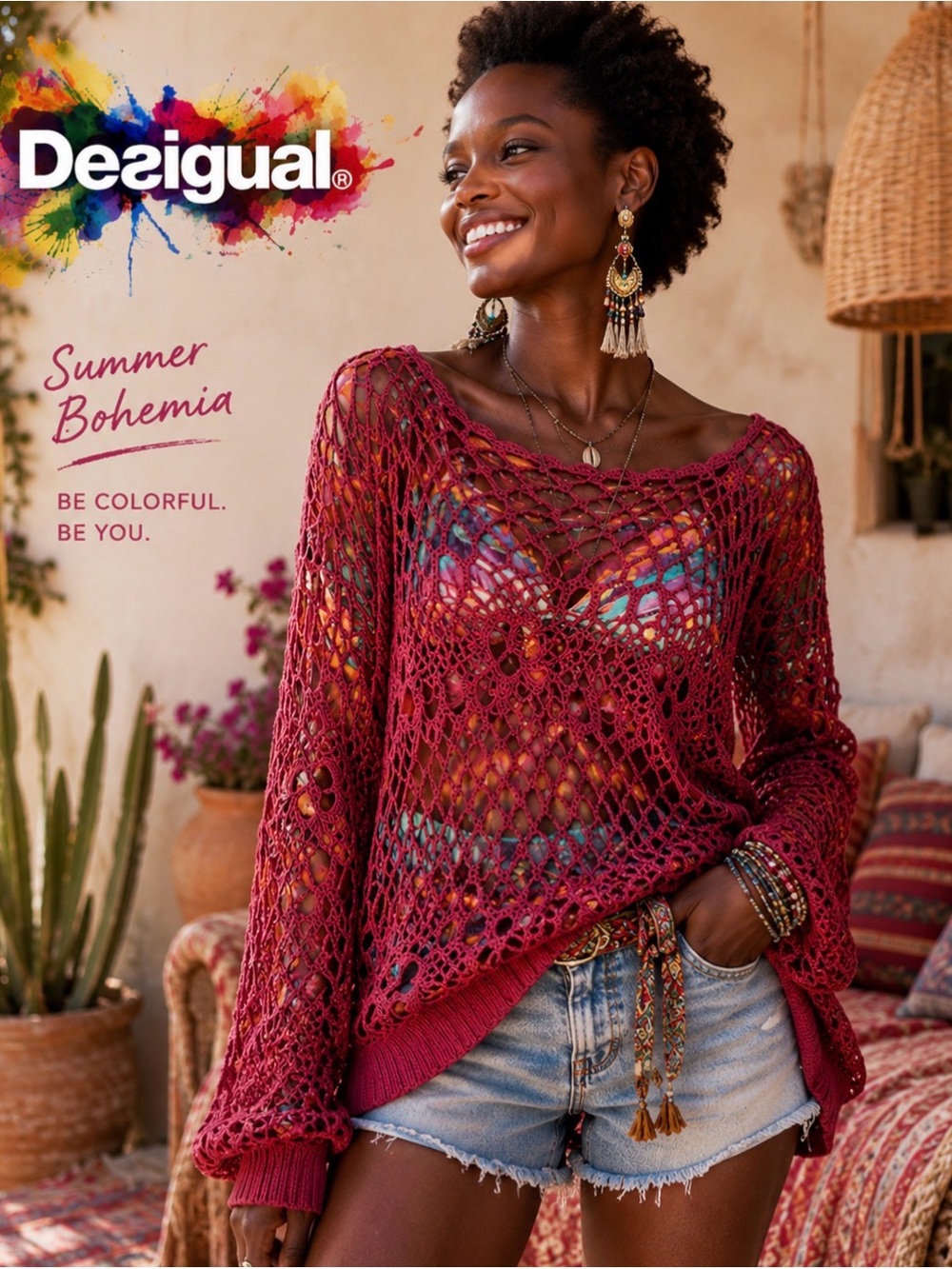 Y2K DESIGUAL Medium Crochet Top
Colorful With Red Layer